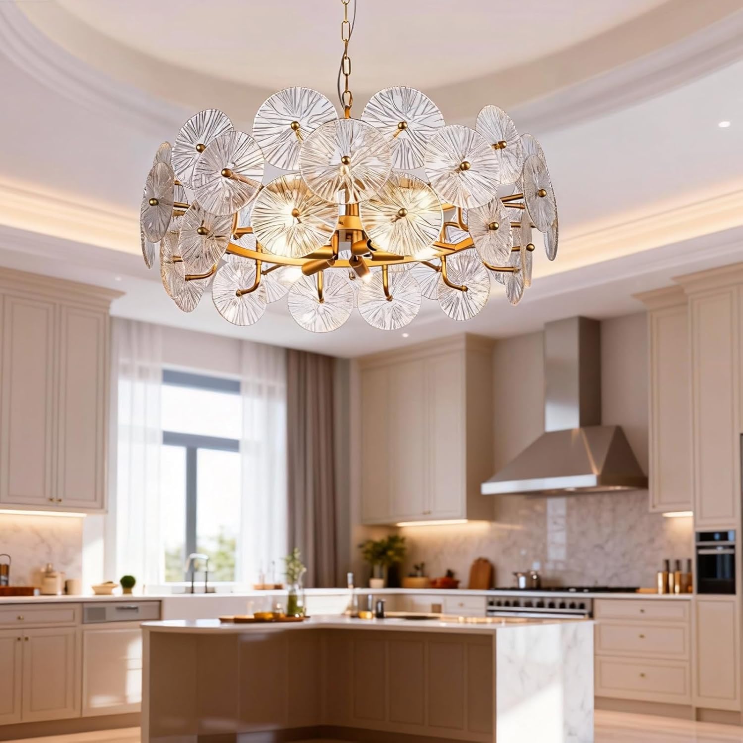 24" Modern Gold Glass Chandelier, 3 Tiers Gold Chandeliers Ceiling Light Fixtures, 9-Light Round Pendant Hanging Light for Dining Room, Living Room, Kitchen Island, Bedroom