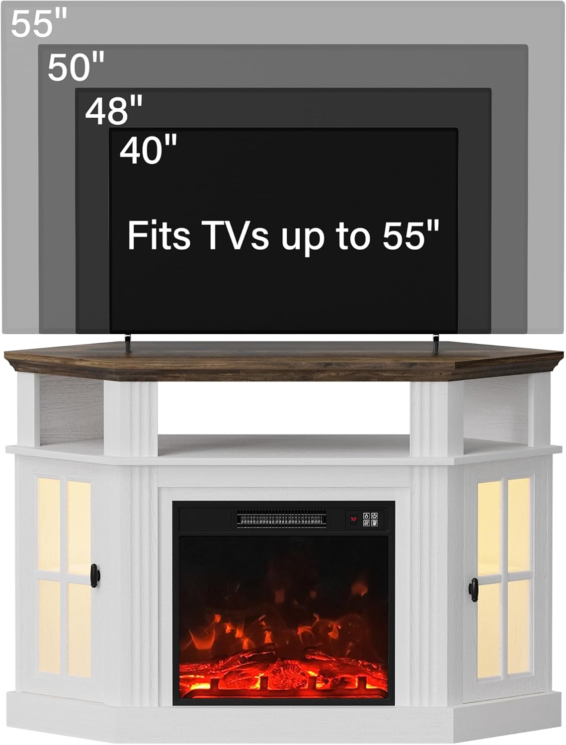 Illustration showing compatibility with pedestal-mounted, wall-mounted, and footstand-mounted TVs up to 55 inches