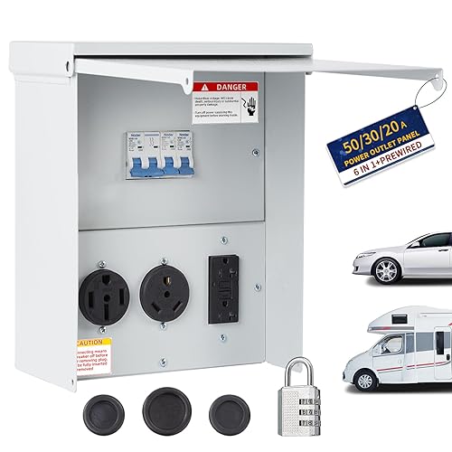 TOPSEENG Panel de toma de corriente temporal precableado, caja de disyuntor de RV cerrada con cerradura con receptáculo de 20, 30, 50 amperios