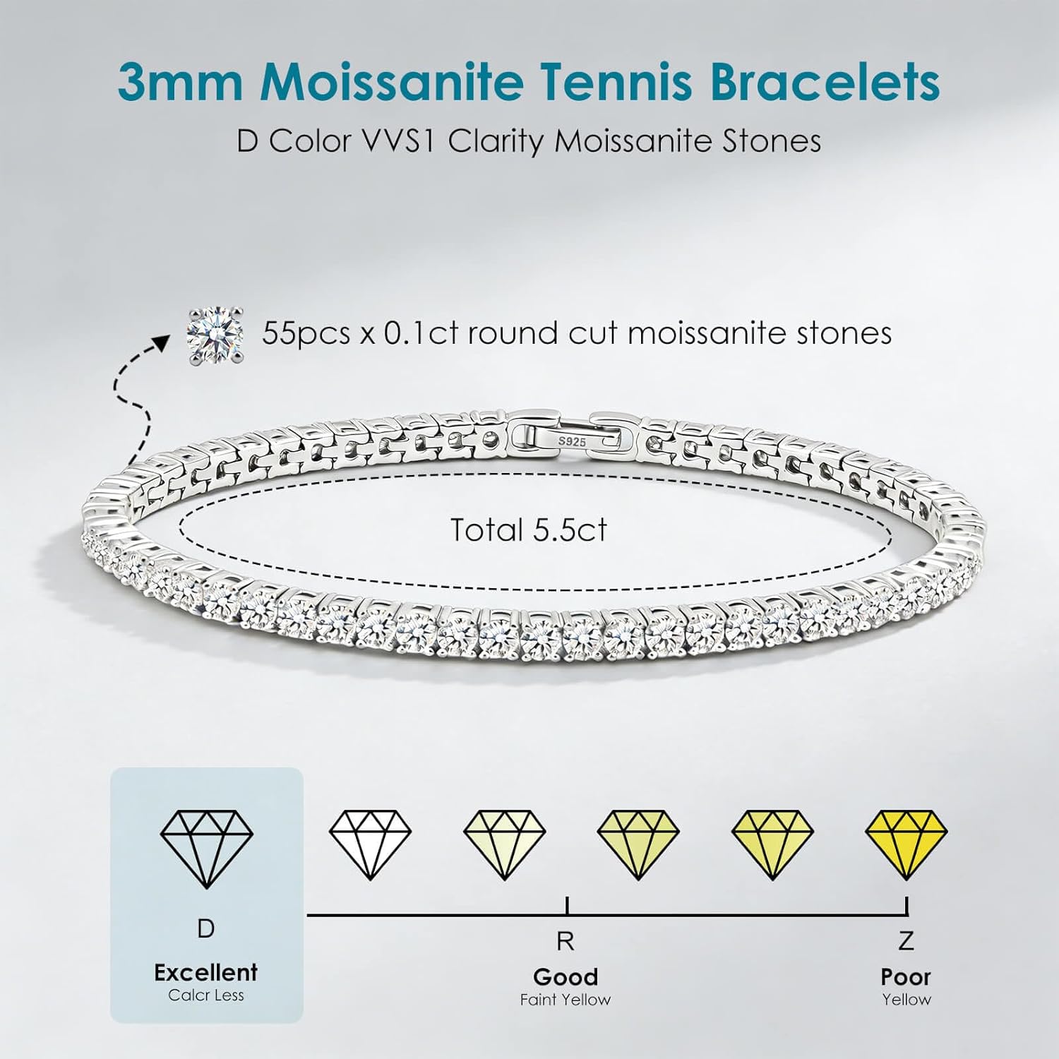 WES Moissanite Tennis Bracelets for Women - Total 5.5ct D Color VVS1 925 Sterling Silver Classic 3mm Round Cut Moissanite Bracelet for Women Men, Size 6.5-7.5 inch - Image 2