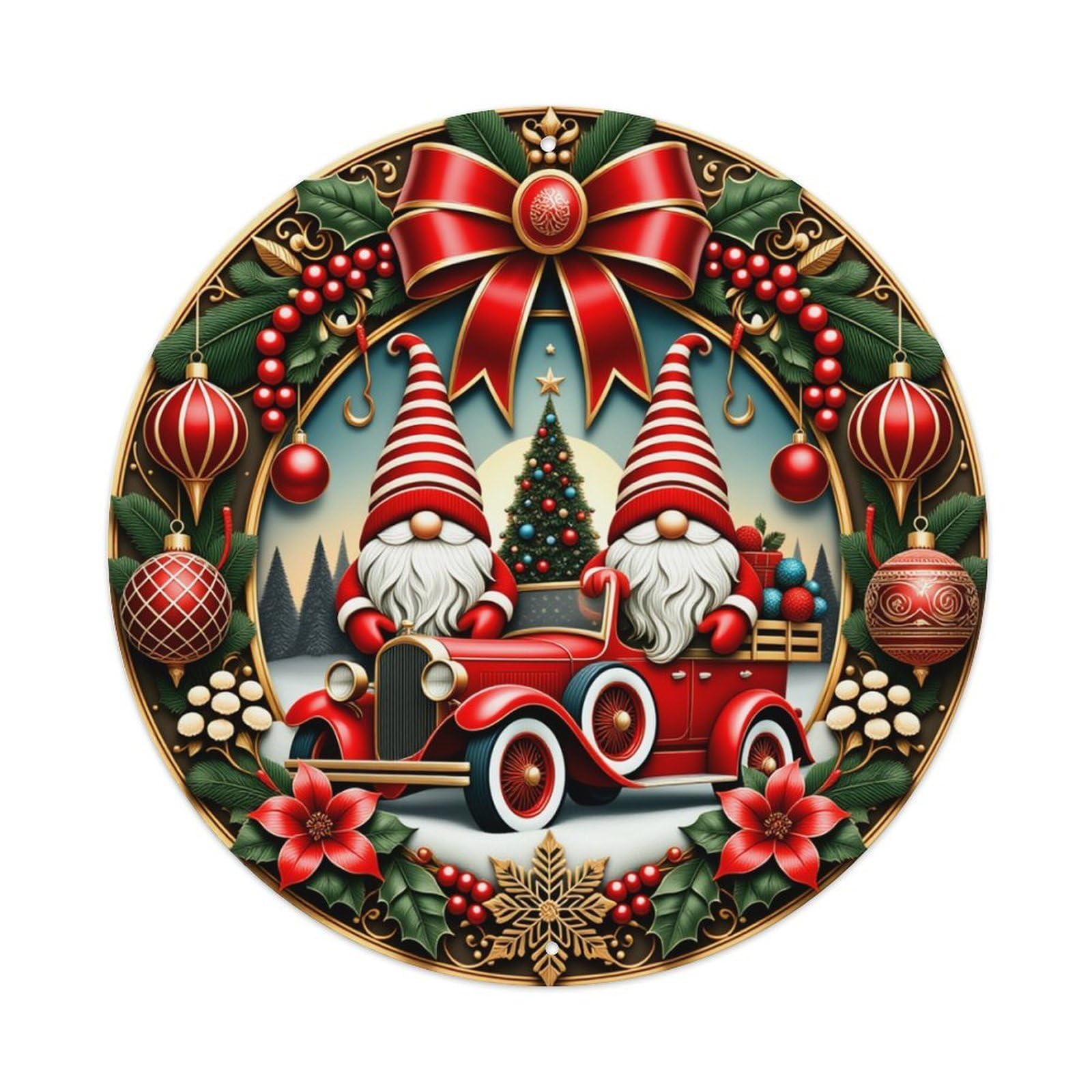 Christmas Gnomes Vintage Car Holiday Decor Round Tin Sign Retro Metal Sign for Cafe Bar Pub Home Game Room Gym Club Wall Decoration Vintage Metal Poster 8x8 Inch