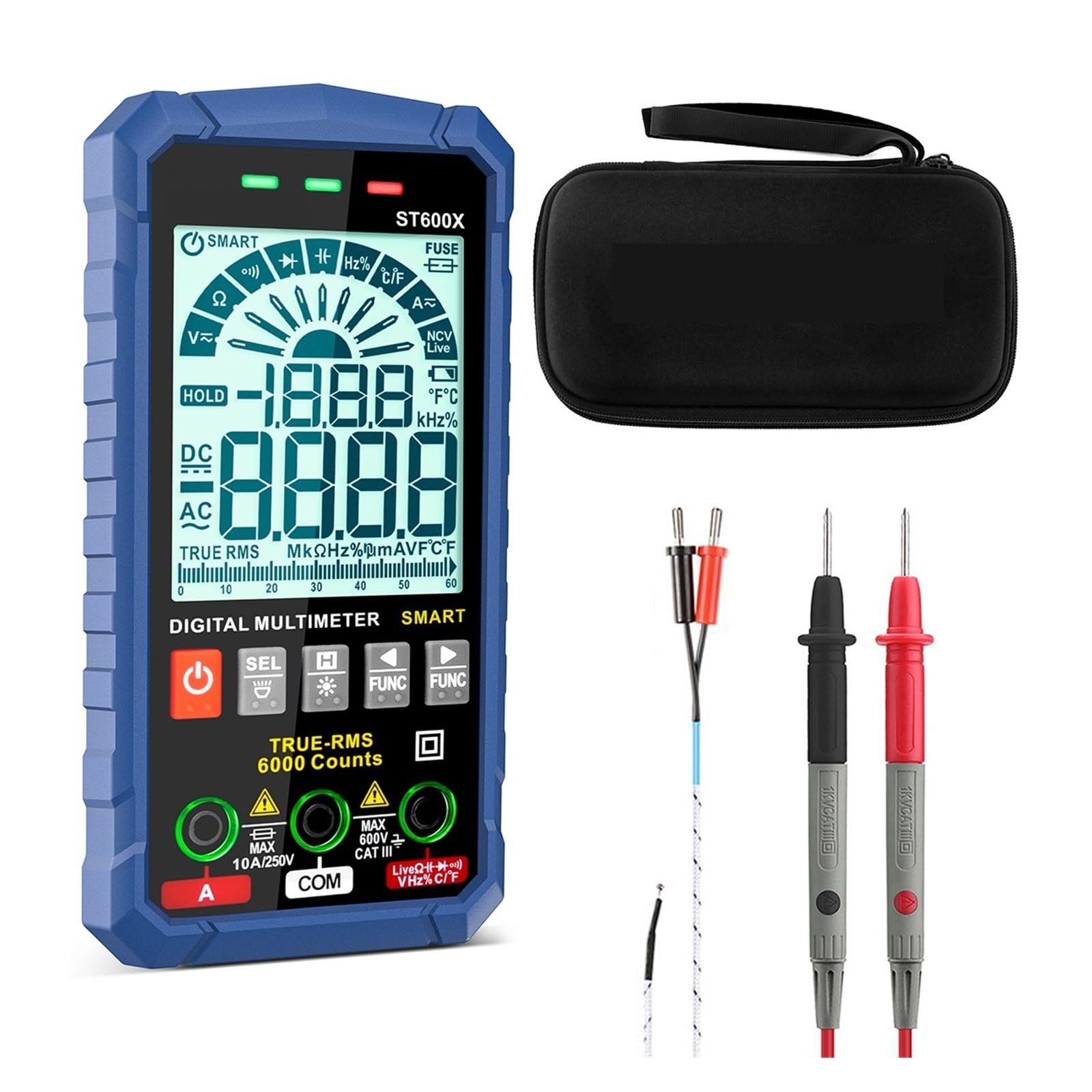 Multímetro Digital ST600X Ture Rango Automático NCV Inteligente Probador AC DC Capacitancia De Voltaje Ohm Hz Medidor Lectura Rápida Precisa Sencilla(ST600X-Blue)