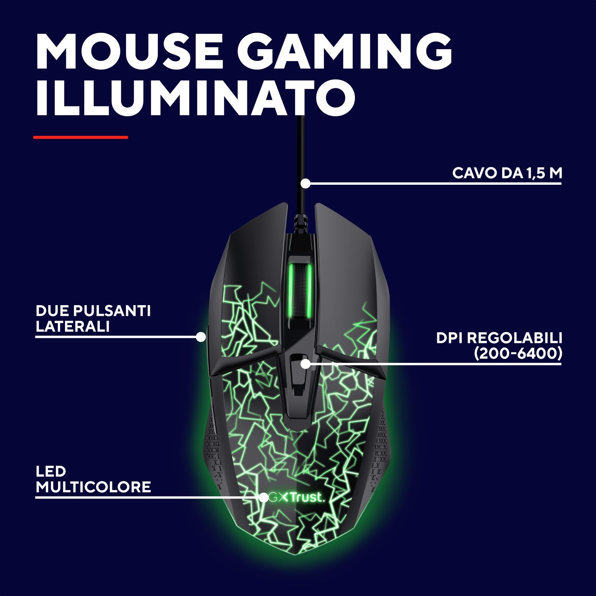 GXTrust 1113 Vylax Mouse Gaming con Illuminazione LED Multicolore, 6 Pulsanti Programmabili, Software Incluso, 200-6400 DPI, Mouse con Filo USB 150 cm per PC Portatile Computer, Nero