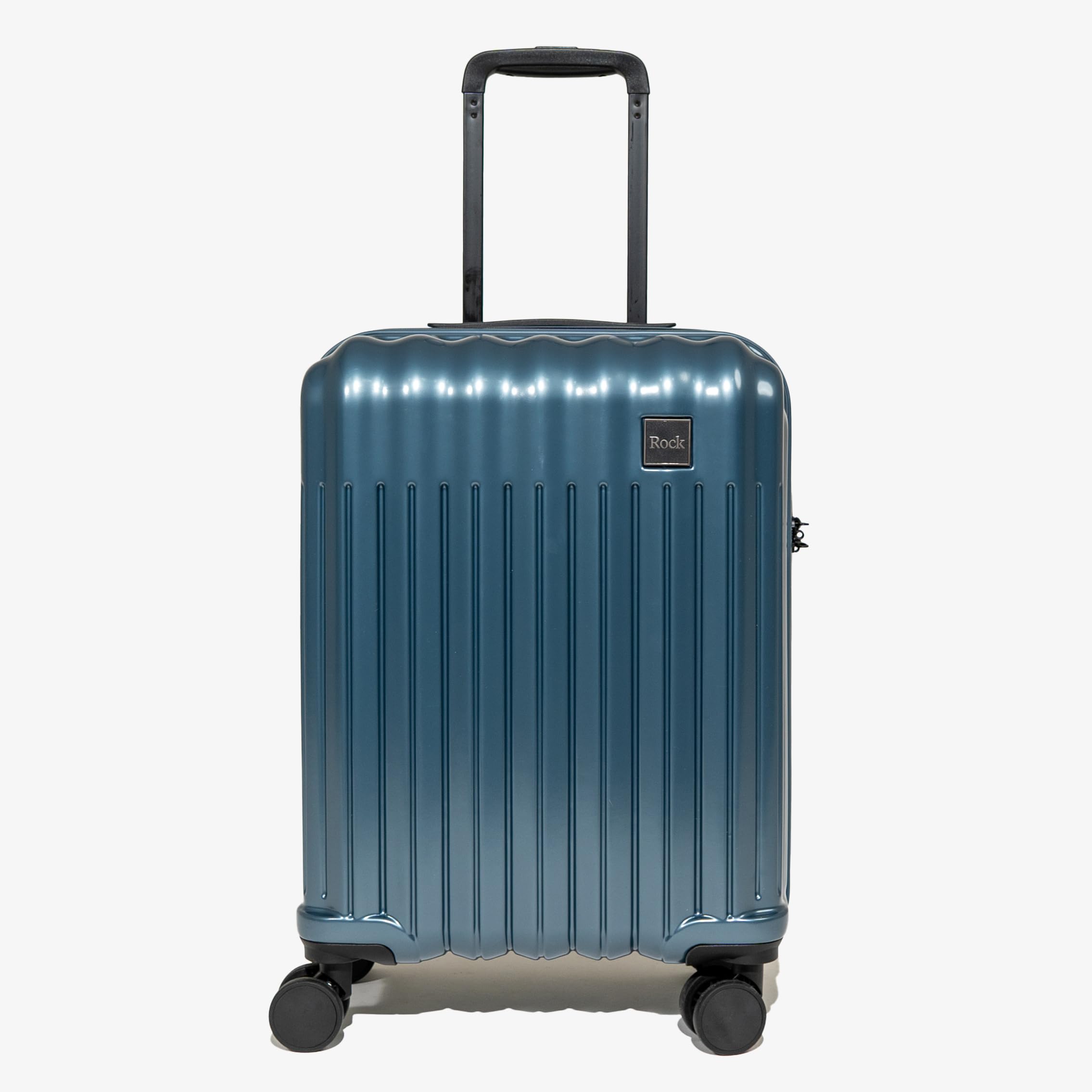 Rock Luna - Maleta pequeña de carcasa rígida en color azul, funda ligera y duradera de ABS con cerradura TSA, 8 ruedas giratorias y mango telescópico, equipaje a cuadros metálico plateado, 54,5 x 37,5