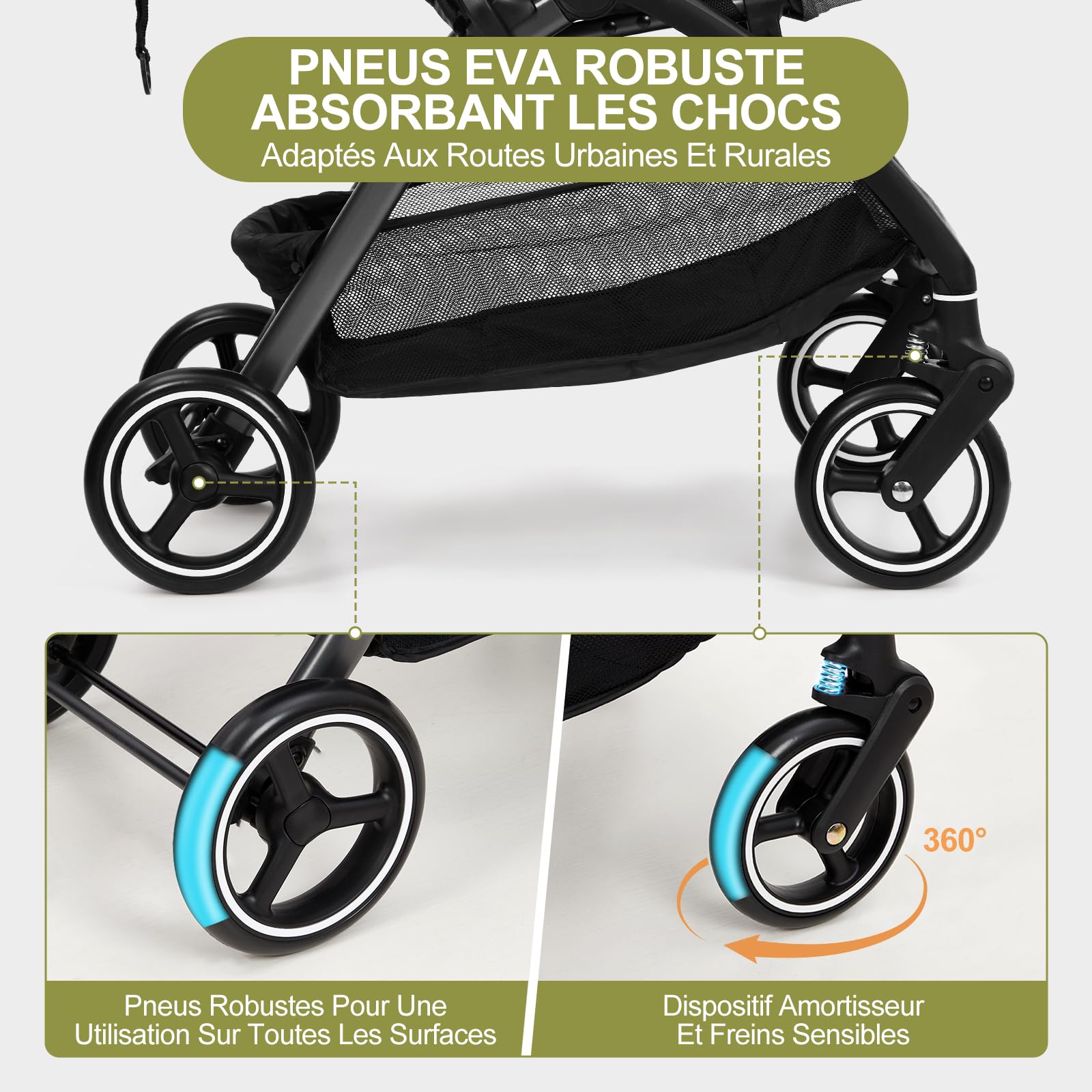 Sillas De Paseo Ultraligero, Silla Paseo Bebe Compacta Plegable Para Recién Nacidos Hasta 22 kg, Con Asiento Reversible y Ruedas De EVA，Plegable Con Una Sola Mano, Respaldo Ajustable