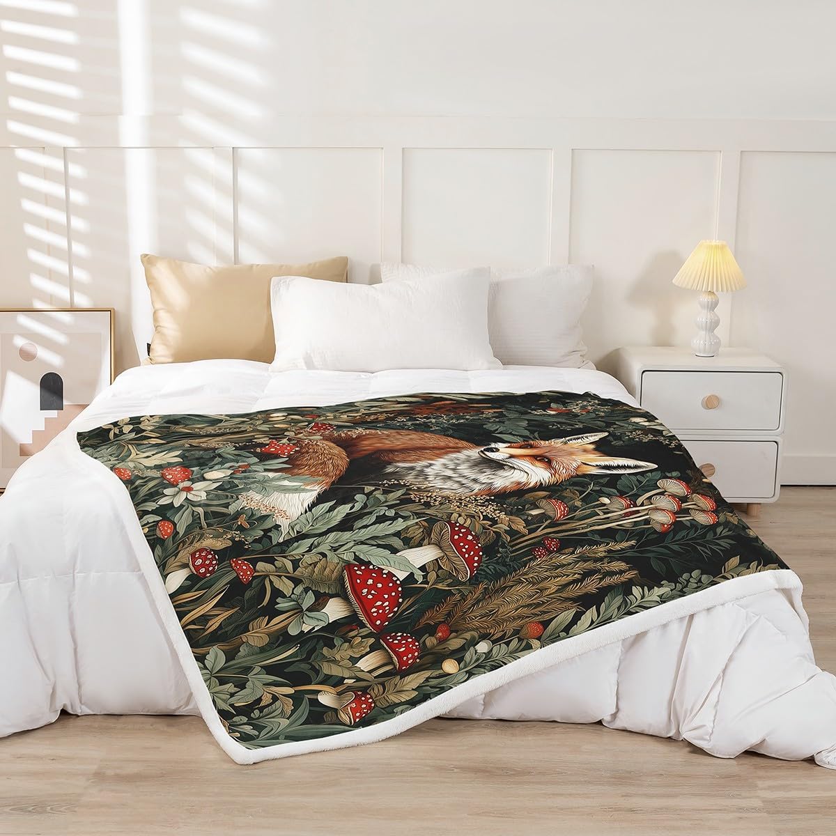 Fox Mushroom Fleece Blanket,Kids Bobo Nature Mushroom Throw Blanket Queen 90"X90",Wild Jungle Fungus Sherpa Blankets,Wildlife Animals Botanical Leaves Fuzzy Blankets for Adults Teens Girls Women