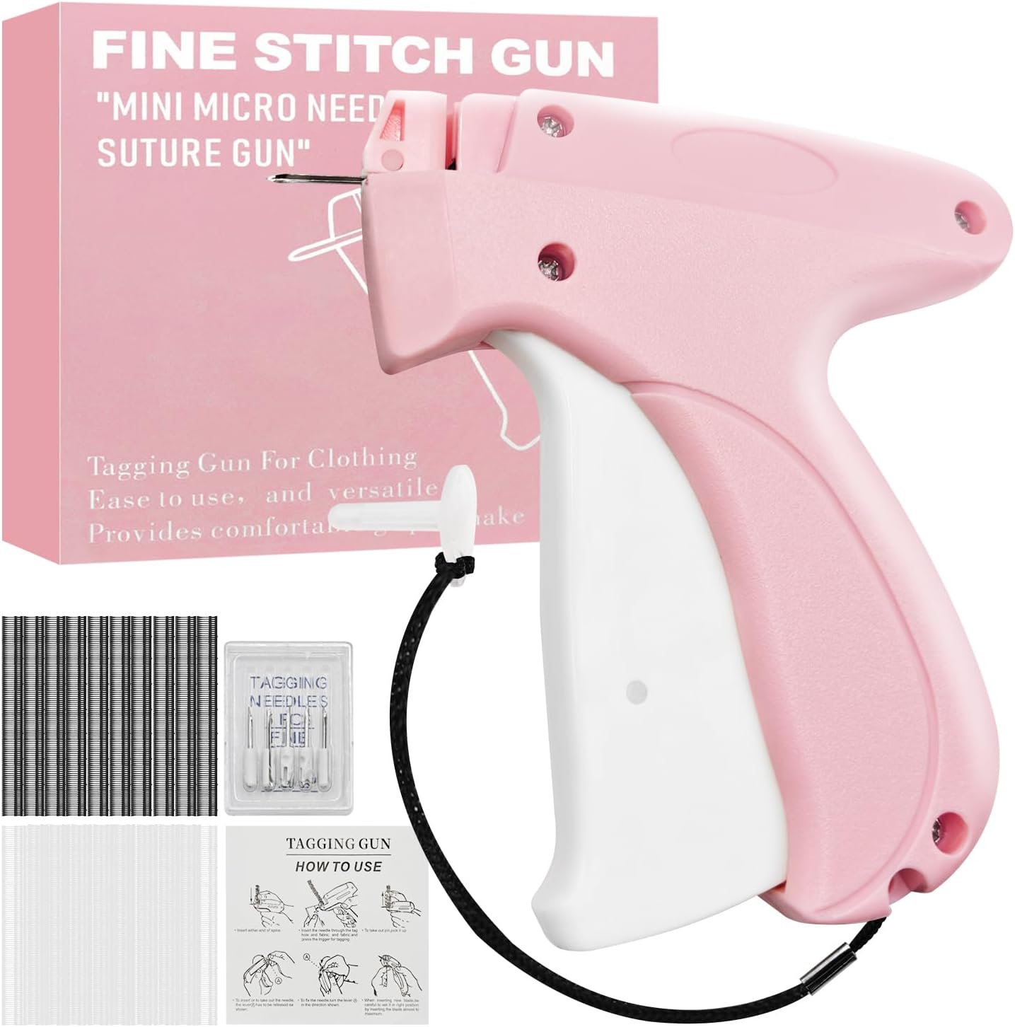 Stitch Gun for Clothes,Handheld Stitch Gun Quick Clothing Fixer,Sewing Kit Includes 1,500 Black Fasteners & 1,500 White Fasteners & 6 Needles,Tagging Gun (Pink)