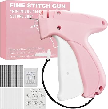 Stitch Gun for Clothes,Handheld Stitch Gun Quick Clothing Fixer,Sewing Kit Includes 1,500 Black Fasteners & 1,500 White Fasteners & 6 Needles,Tagging Gun Pink