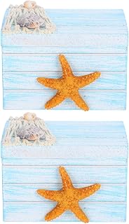 Unomor 2pcs Ocean Inspired Wooden Decorative Box with Hinged Lid | Resin Accents, Secure Closure, Office Display, Bracelets Rings Craft Supplies