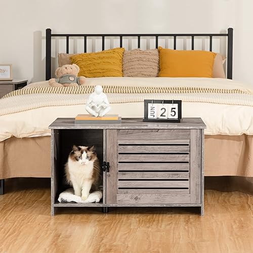 HOOBRO Caja de arena para gatos, mueble oculto para gatos con puerta con rejillas, amplio baño oculto para gatos con divisor, mueble para gatos,