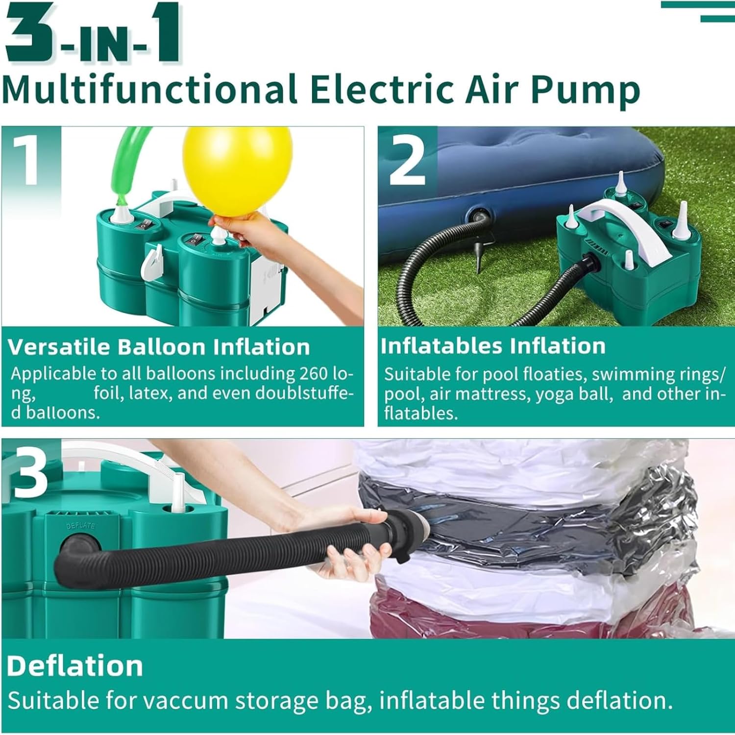 Biapian Balloon Pump Electric, 3-in-1 Portable Electric Air Pump for Balloons and Inflatables, Dual Nozzle Balloon Blower Machine for All Latex 260q Foil Balloon Inflator Deflator for Party Decoration