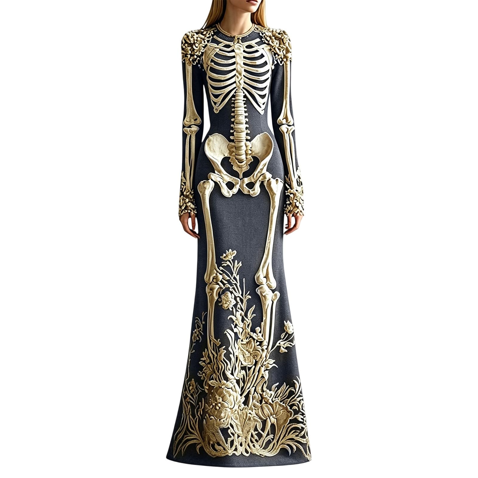 Halloween Costumes for Women Adult Skeleton Costume Long Sleeve Goth Evening Dress Ladies Plus Size 3D Digital Print Floral Maxi Dresses Fashion Womens Halloween Party Cosplay Costume