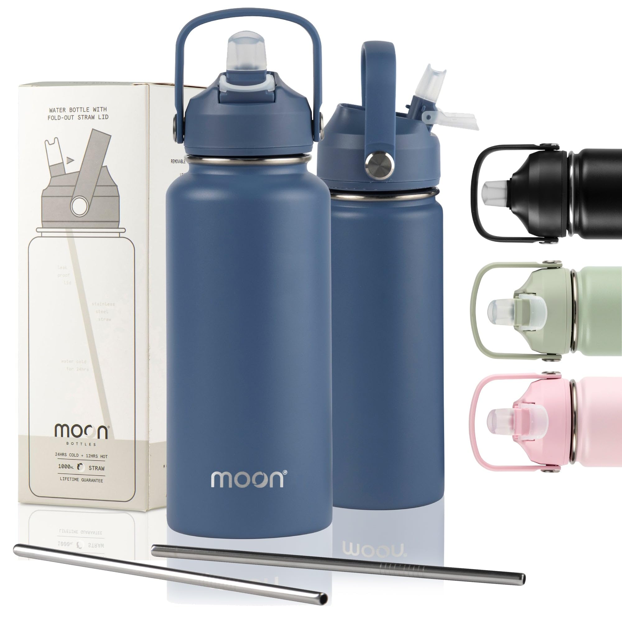 Moon Bottles Ocean Blue - Insulated Water Bottle With Straw - Stainless Steel Sports Drink Bottle, Thermal Flask, 24Hr Cold, 12Hr Hot, Double Walled, Metal Straw, Silicon Spout, Uk Company (1L, Blue)