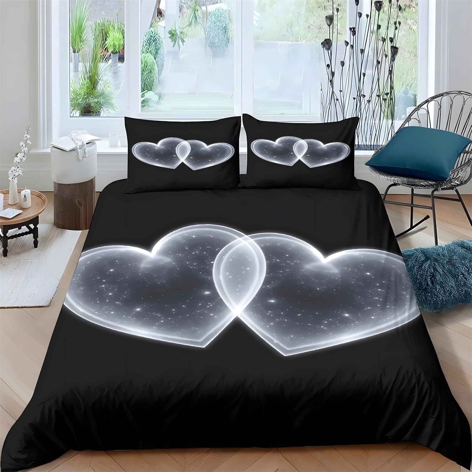 Ypthriline Super King Duvets Set Hearts Bedding Set Microfiber Black Duvet Covers with Pillowcases Reversible Bedding With Zipper Closure 260x220CM
