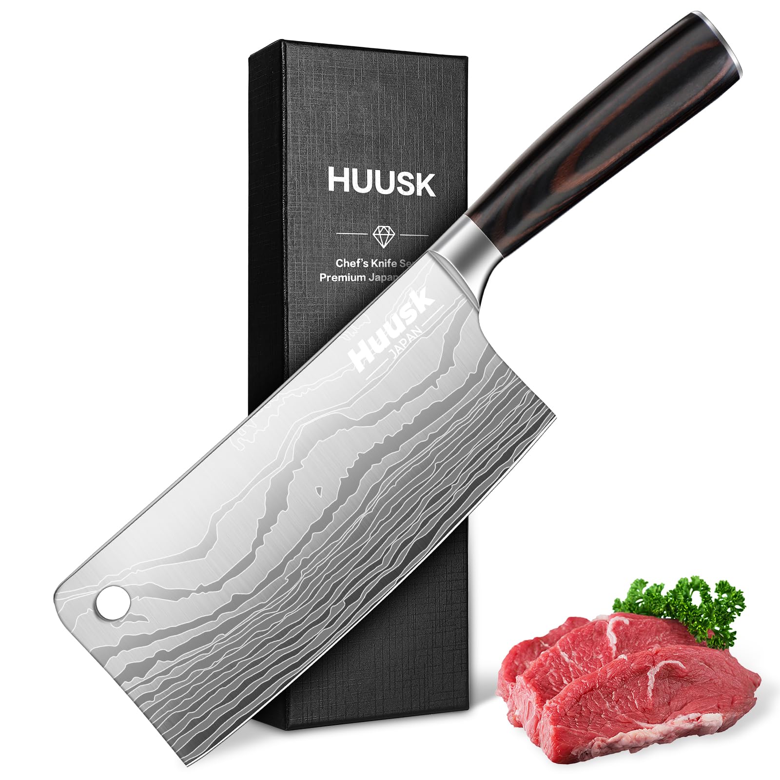 Huusk Meat Cleaver Knife 7 inch, Japanese Butcher Knife for Meat and Vegetable Cutting, Chopping Knives with Ergonomic Handle for Kitchen and Camping, Christmas Gifts