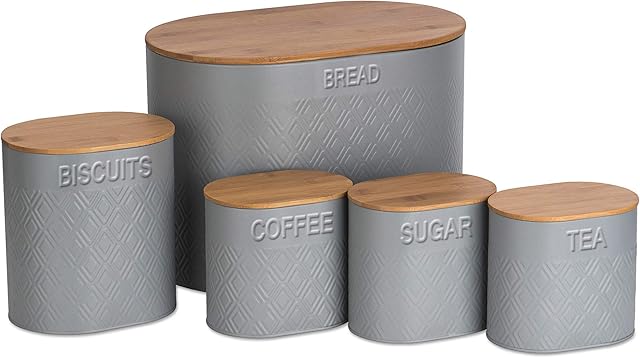 LIVIVO 5pc Oval Kitchen Storage Set With Airtight Bamboo Lids Includes Tea Coffee Sugar With Matching Biscuit Barrel Canister Jar & Stylish Bread Bin  Diamond Embossed Design Matt Finish (Grey)