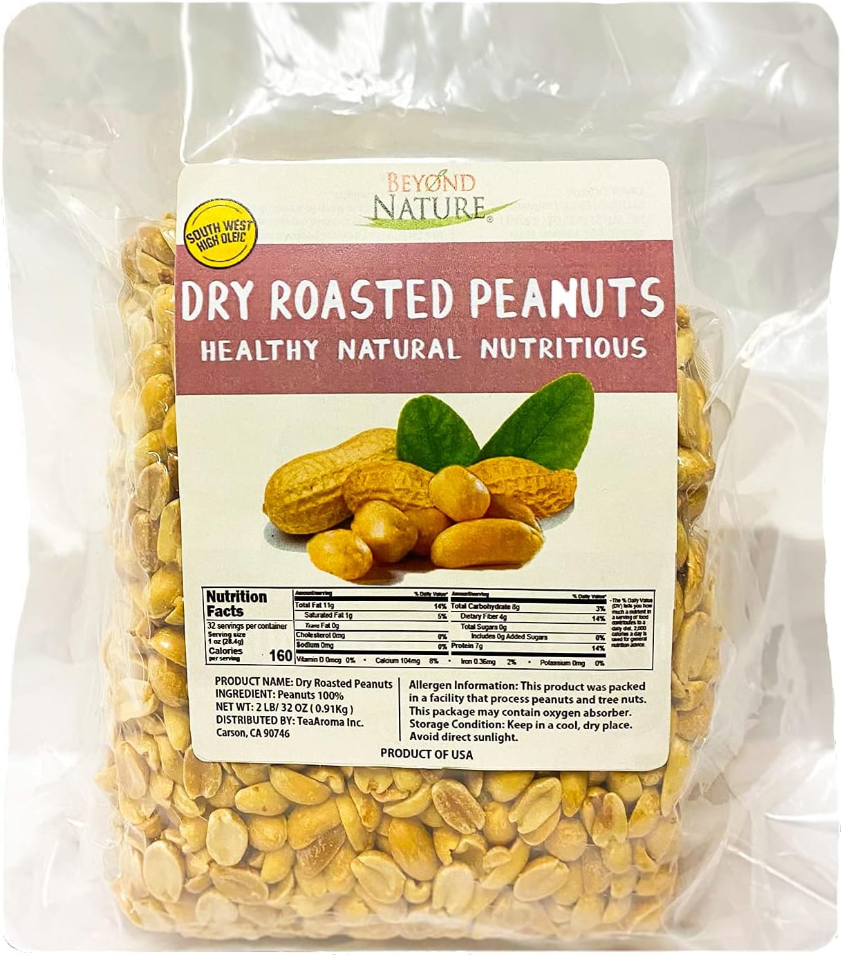 Beyond Nature Dry Roasted Peanuts – Unsalted 2 Pound (32 oz) Vacuum Sealed Non GMO, No Oil & No Salt, Low Carb, Keto Friendly & Vegan Snack