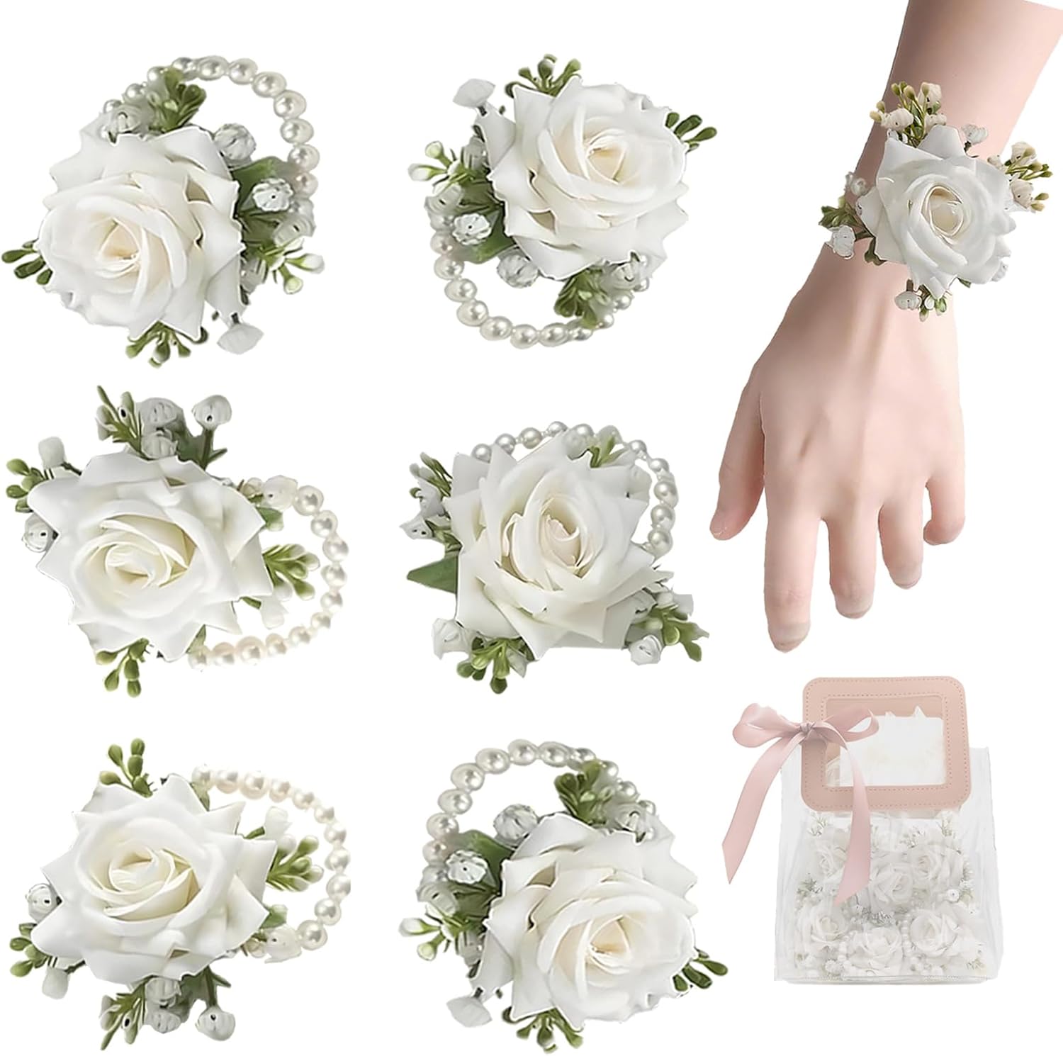 6 Pcs Wrist Corsages for Wedding, White Rose Corsage for Bride Bridesmaids Mother Girl, Artificial Flower Bracelet Homecoming Prom Party Anniversary Accessories（Comes with an Elegant Handbag）