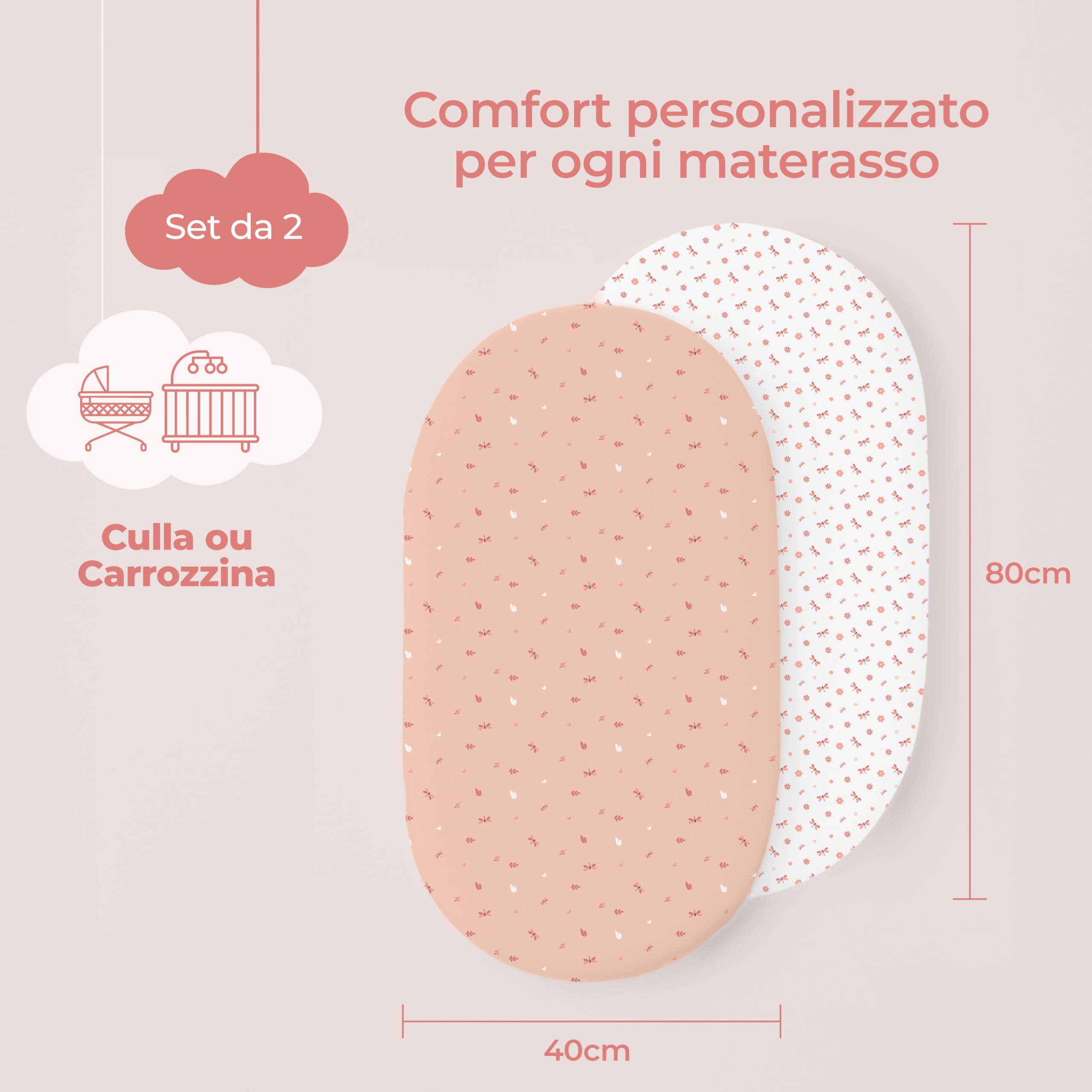 Dreamzie Set 2 Lenzuola Culla 40x80 Cotone - Lenzuolo Con Angoli, Oeko-Tex Certificato - Per Carrozzina E Passeggino Neonato - Libellule Rosa/Bianco