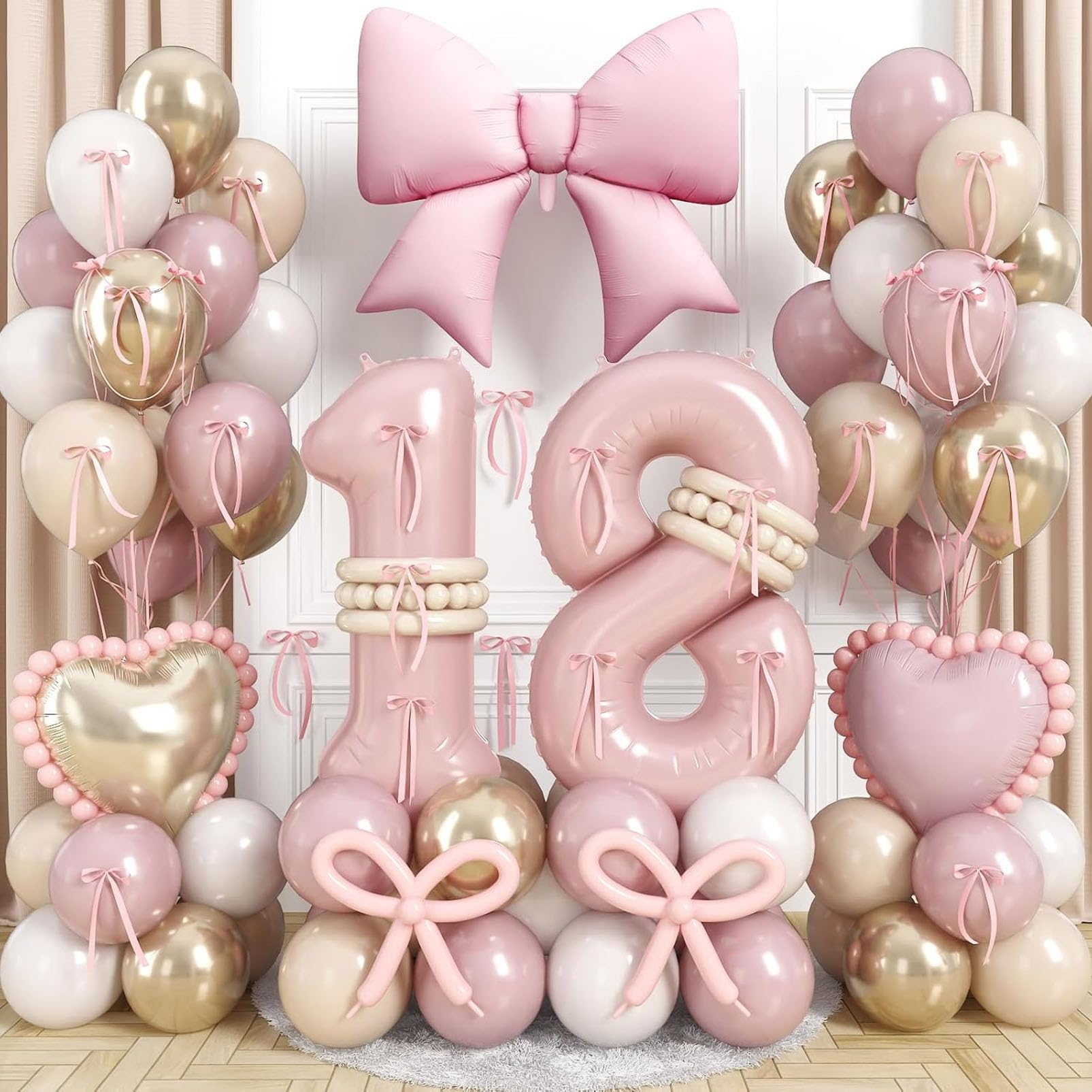 18th Birthday Decorations - Dusty Pink 18th Birthday Balloons - Retro Blush Pink Gold Cream Latex Balloons with Large Bow Heart Foil Balloons for Boho 18 Year Old Birthday Anniversary Party Decor