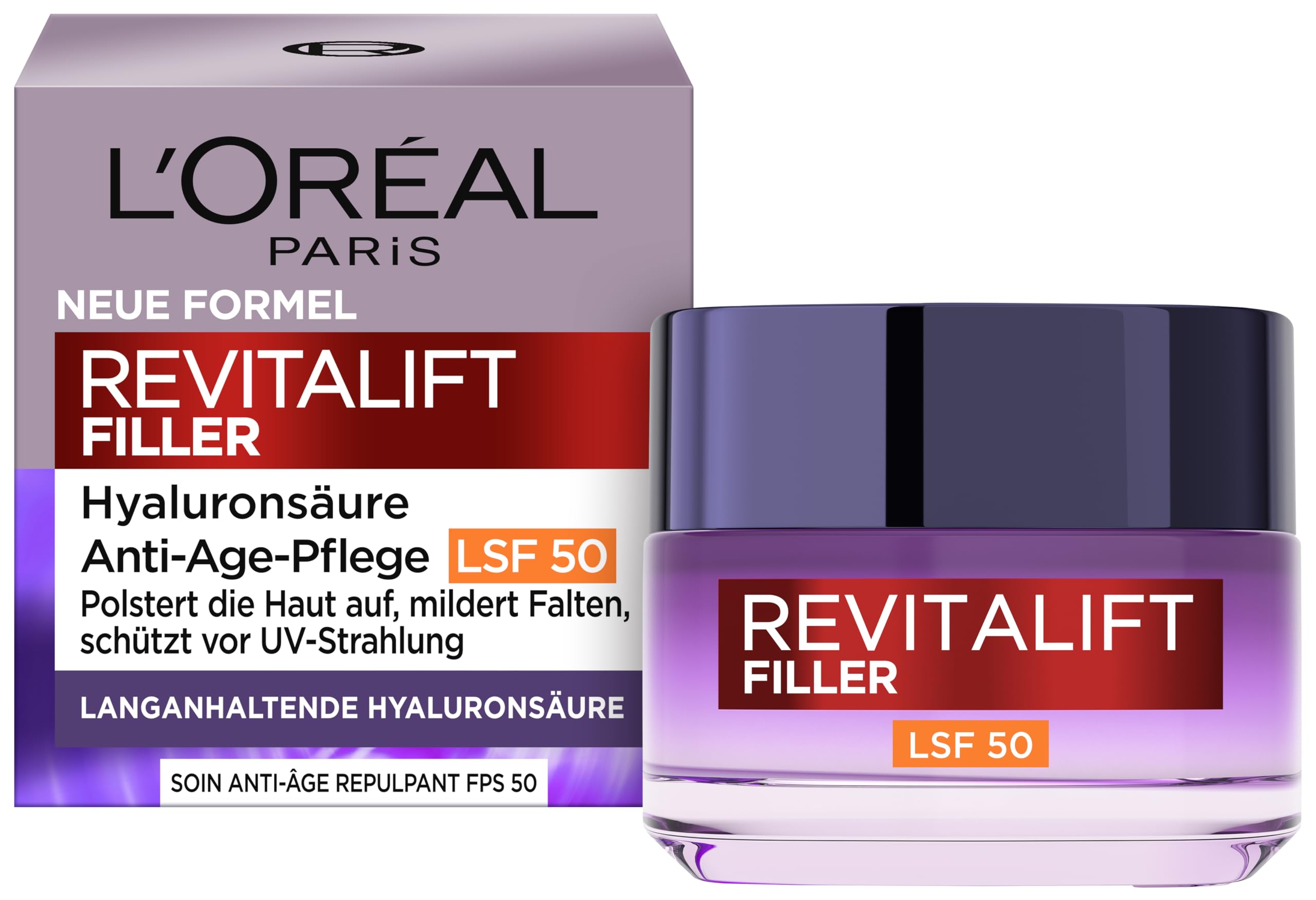 L'Oréal Paris Anti Age Tagespflege LSF 50 für Frauen: hydratisiert die Haut und bekämpft Hautalterung mit 3 Arten von Hyaluronsäure und LSF 50+, Revitalift Filler, 1x 50ml
