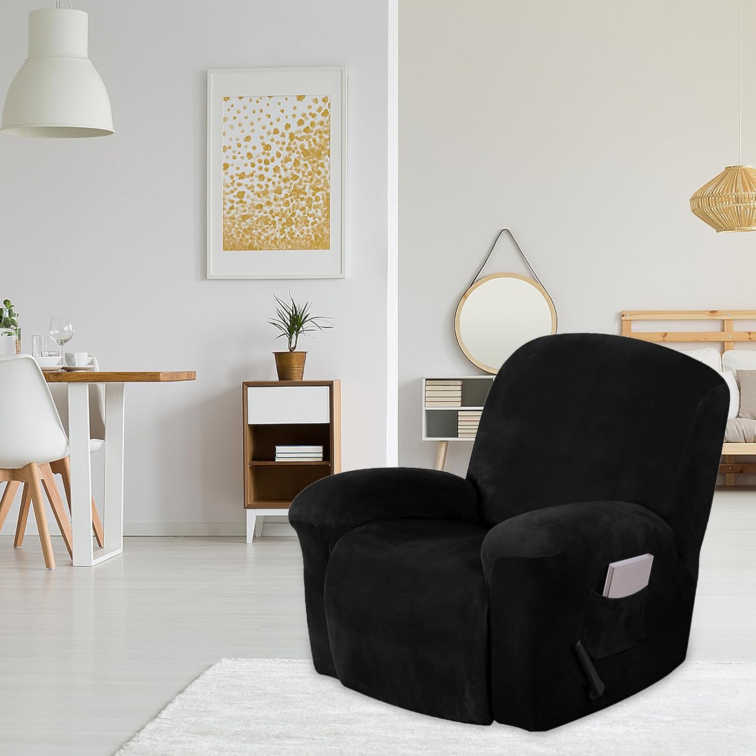 1set Recliner Sofa Cover Stretch Slipcover Side Pocket High Elasticity Easy to Install for Living Room Furniture Black Set