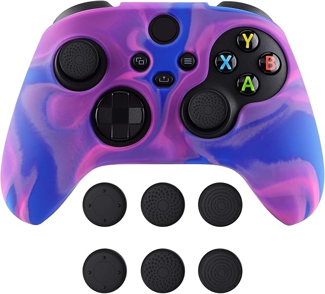 playvital Tri-Color Pink & Purple & Blue Camouflage Anti-Slip Silicone Cover Skin for Xbox Series X Controller, Soft Rubber Case Protector for Xbox Series S Controller with Black Thumb Grip Caps