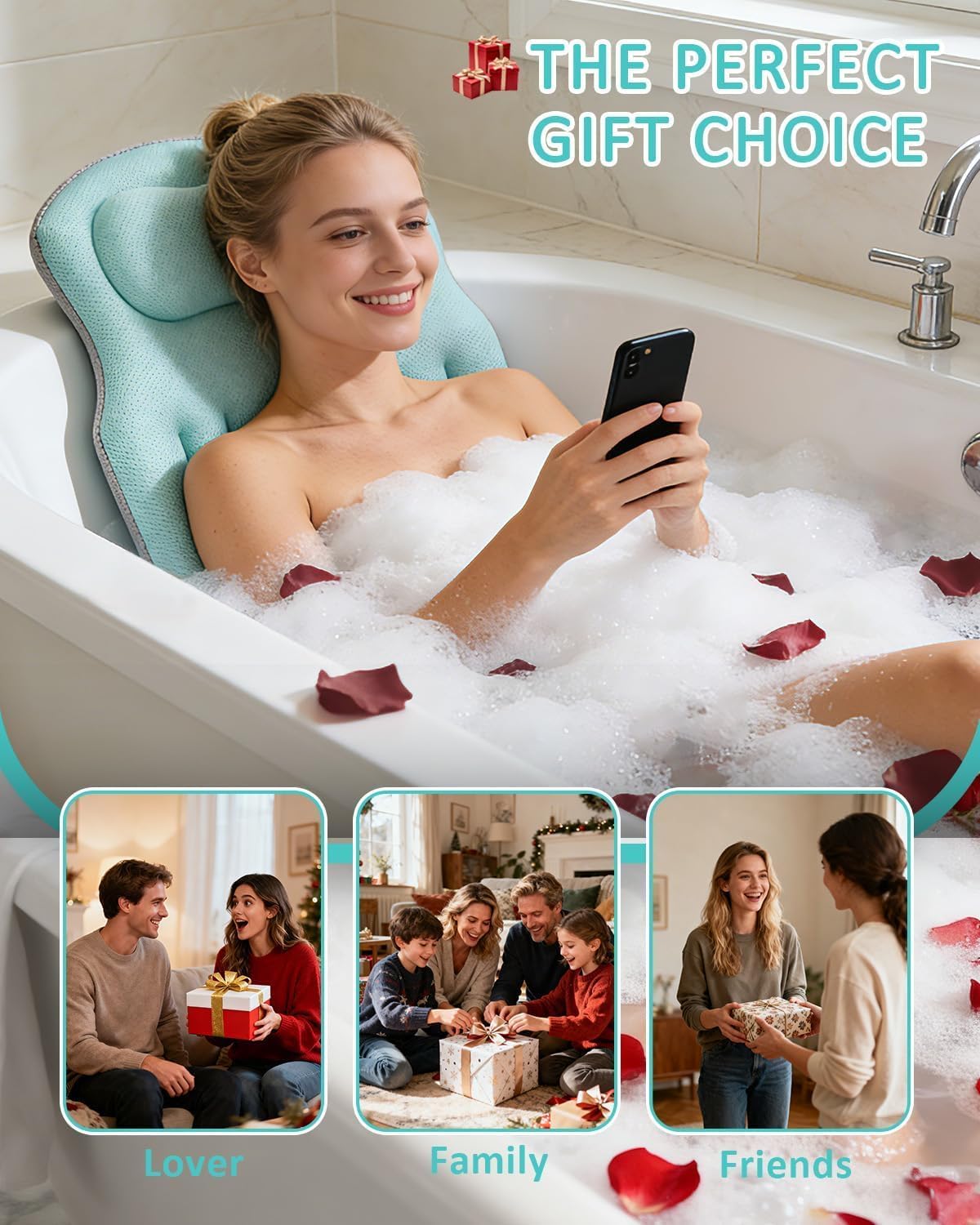 Full Body Bath Pillow for Bathtub, 5D Thick Tub Pillow for Bath with Movable Head, Neck & Lumbar Support, Laundry Bag & Hook, Bathtub Pillow for Post-Yoga Spa, Deep Relaxation(Blue, 51"*15")