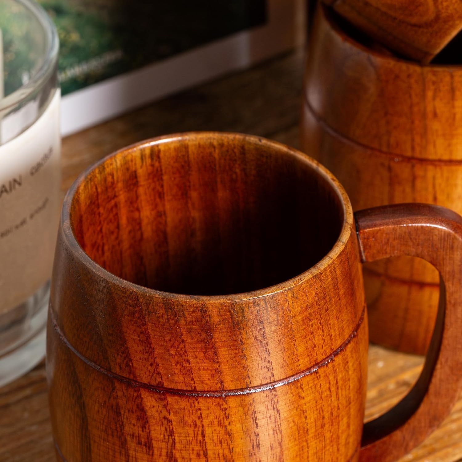 Holzbecher- und Tassen-Set, handgefertigt, rustikal, Bierkrug für Kaffee, Tee, Wein, Milch, 2-teilige Naturholz-Trinkgeschirr-Kollektion