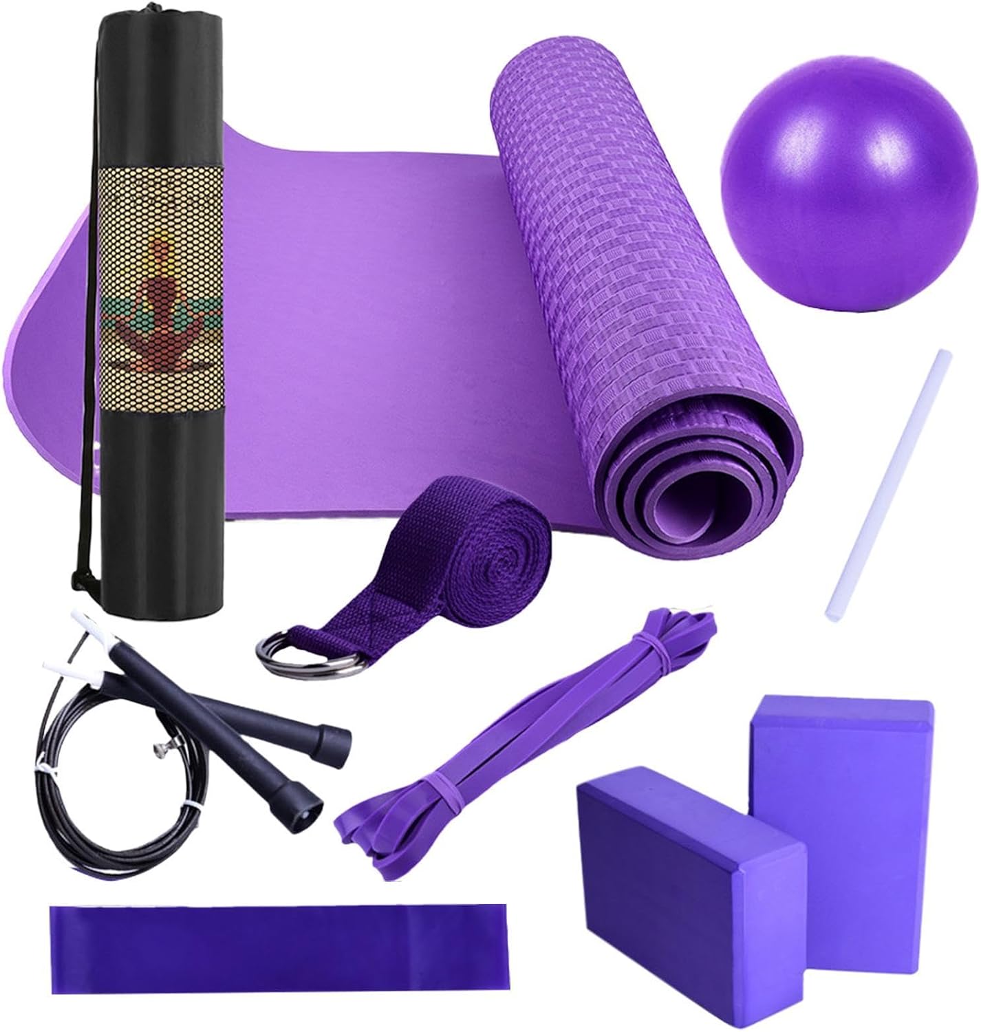 Beginner Yoga Kit | Exercise Mat with Yoga Blocks,Includes Latex Resistance Band and Stretching Band, Portable Exercise Equipment