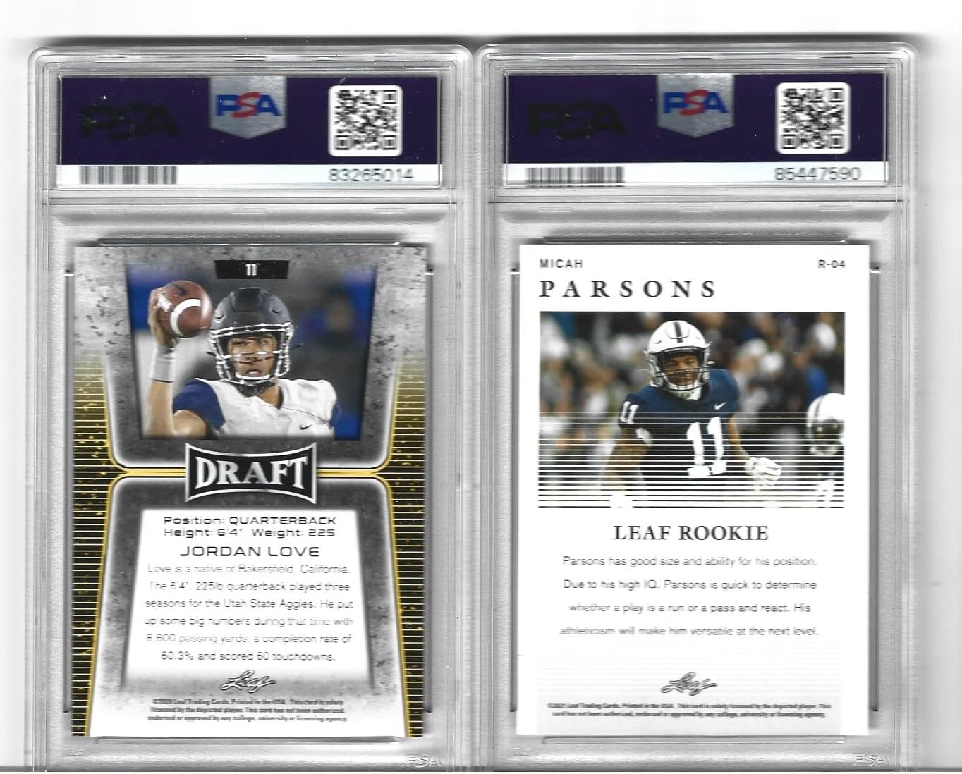 Graded Psa Mint 9 Jordan Love & Micah Parsons Football 2 Card Rookie Lot Leaf Packers Star Quarterback And Defensive Star! You Will Receive Both Cards Shown