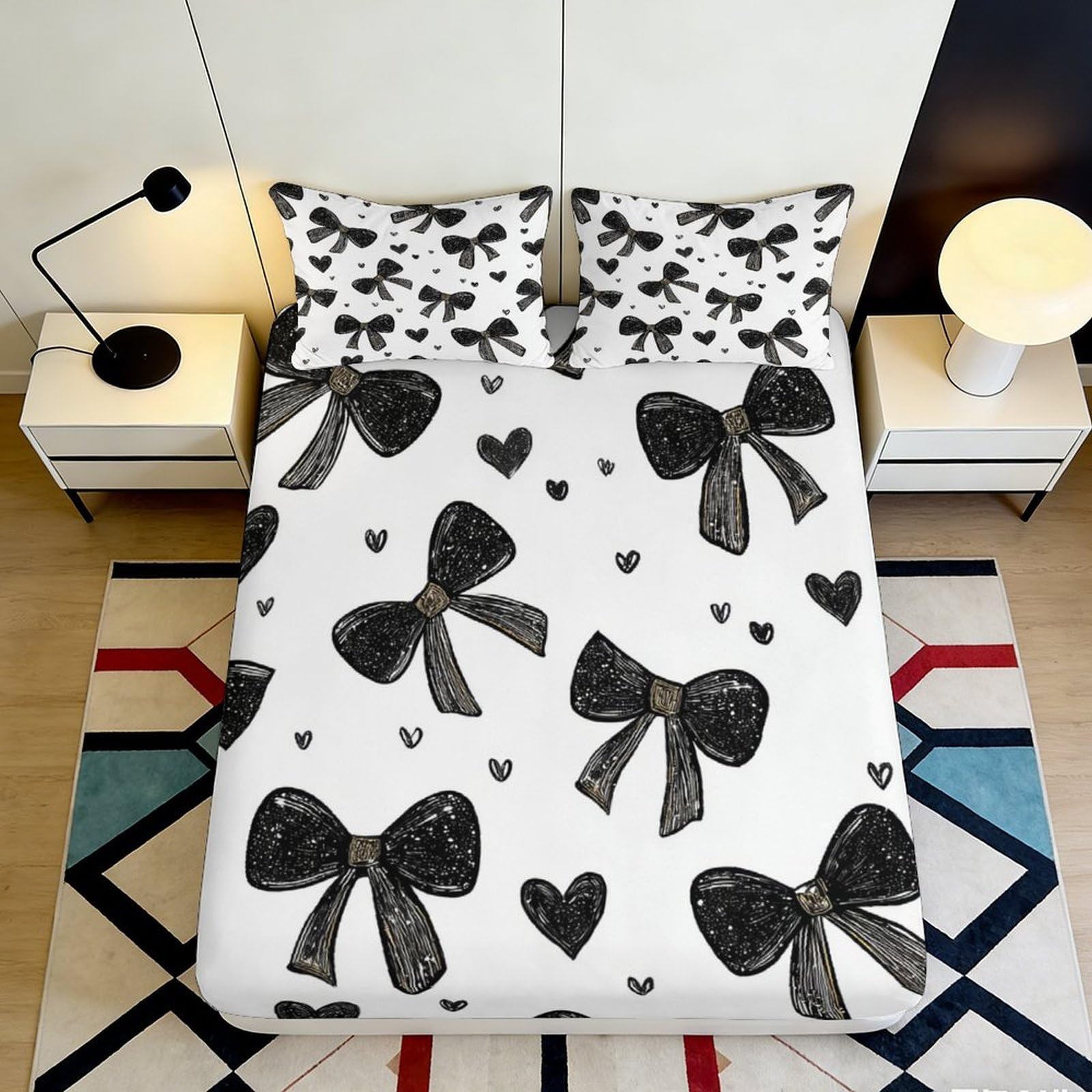 3D Printed Black Bow Fitted Sheet Microfiber Soft Bedroom Decor Heart Pattern Mattress Cover for Home Dorm 90x200x25cm