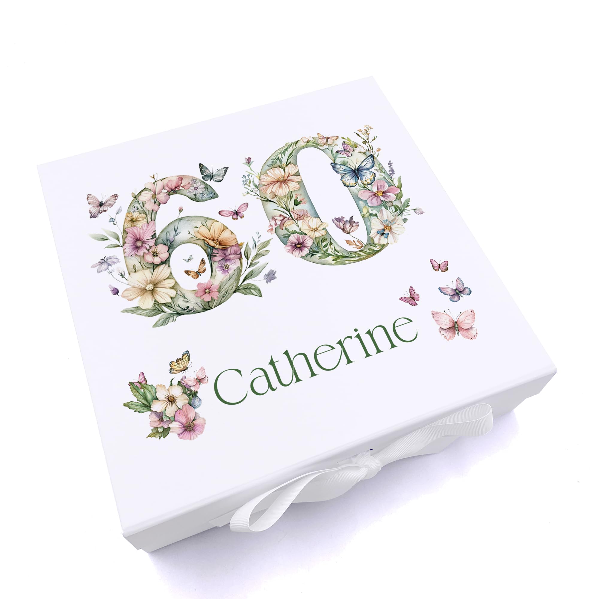 ukgiftstoreonline Personalised 60th Birthday Memory Box, White with Natural Wood Interior, Floral and Butterfly Design, Multiple Sizes, Keepsake Storage Gift (Ribbon, Large)