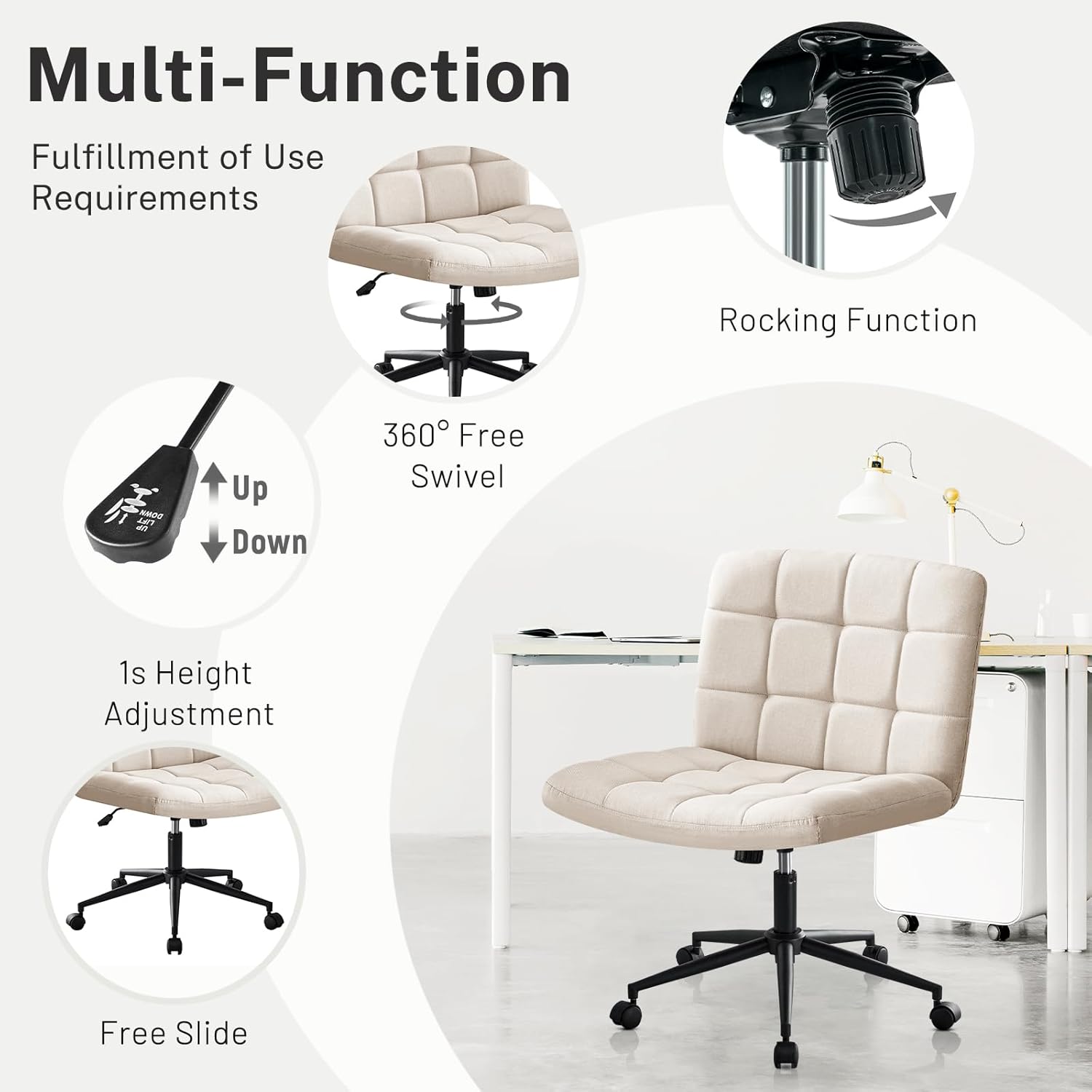 Furniliving Home Office Desk Chair with Wheels,Criss Cross Legged Wide Chair Armless Height Adjustable Chair with Mid Back Swivel Accent Vanity Chairs,Linen-Beige