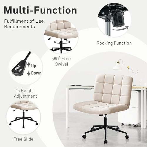 Miniatura 5 de Furniliving Silla de escritorio de oficina en casa con ruedas, silla ancha con patas cruzadas, silla ajustable de altura sin brazos con respaldo
