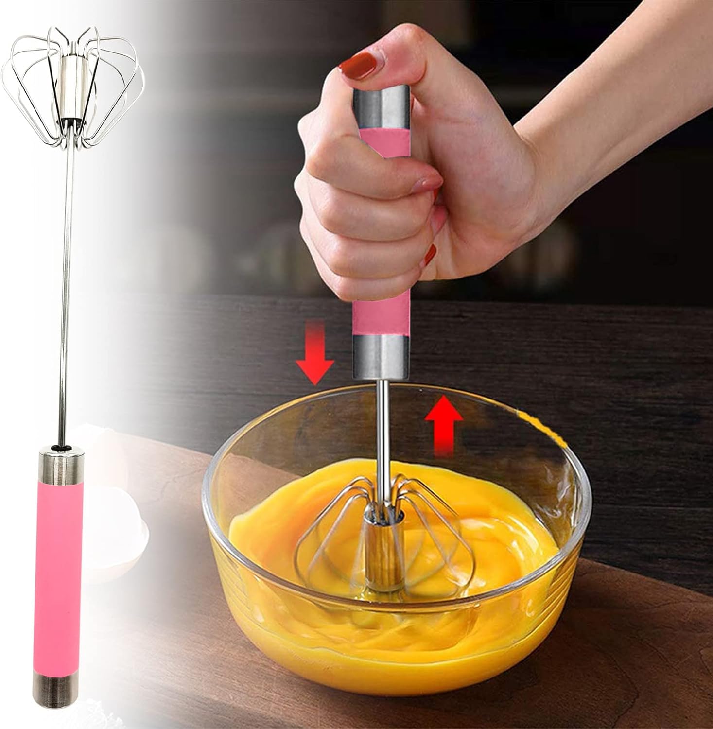 Hot6sl Stainless Steel Whisk, Semiautomatic Hand Push Rotary Whisk Blender, Easy