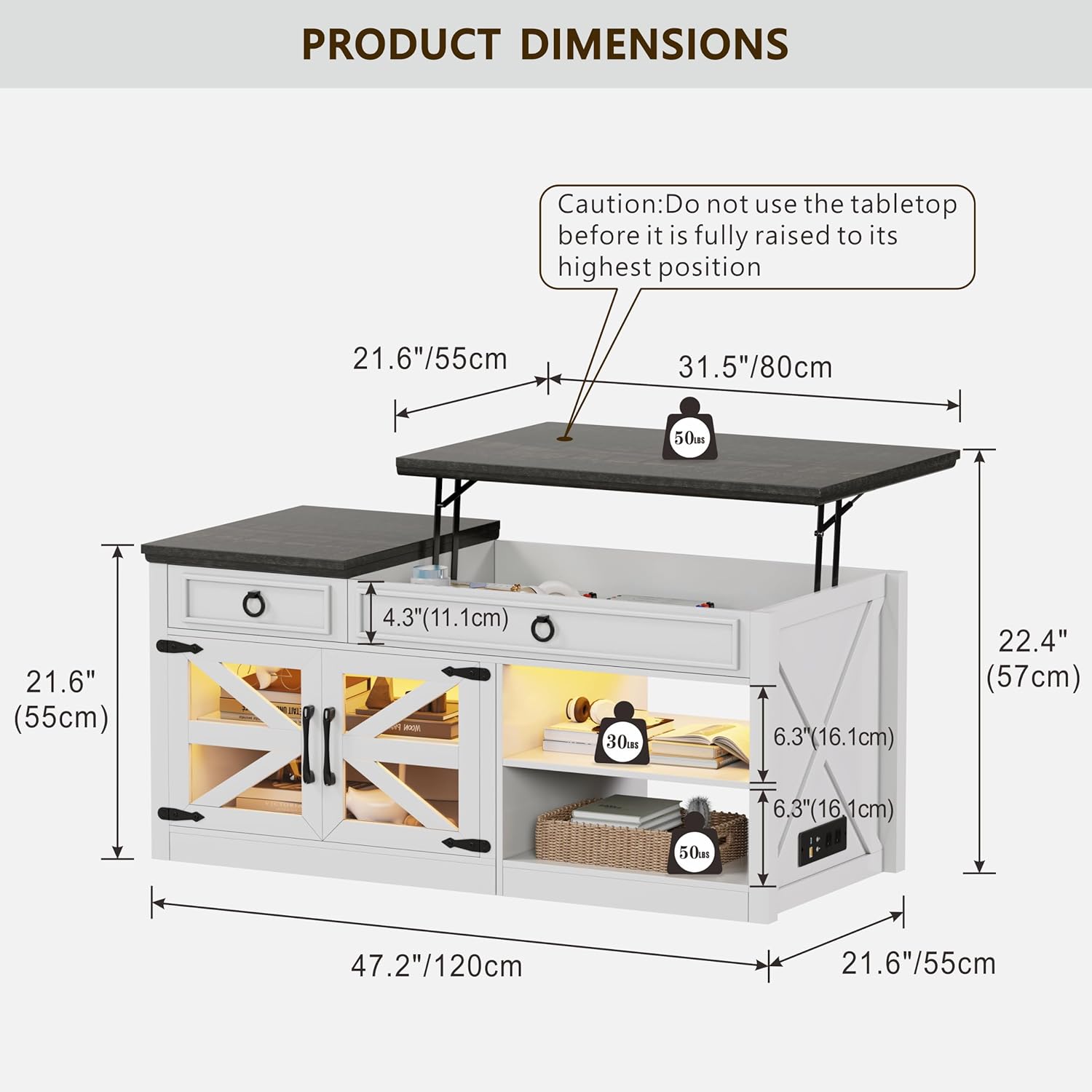 Lvifur 48" Farmhouse Lift Top Coffee Table with LED Lights & Charging Station, Living Room Center Table with 2 Hidden Storage Compartments, Lifting Tabletop and Adjustable Shelf (White)