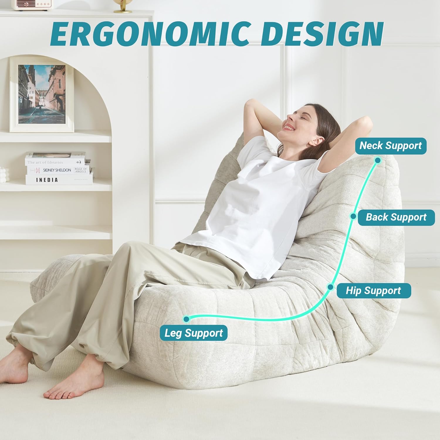 Homguava Bean Bag Chair, Giant Beanbag Chairs for Adults, Memory Foam Fireside Chair, Large Lazy Floor Sofa, Sofa Couch with High-Rebound Foam, Lounge Chair for Living Room, Bedroom (Beige, Single)