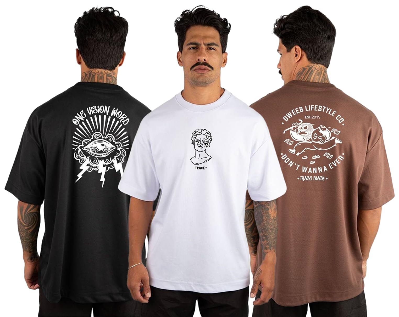 Kit 3 Camiseta Oversized Masculina Streetwear Trace Black Academia Algodão Premium REF 03
