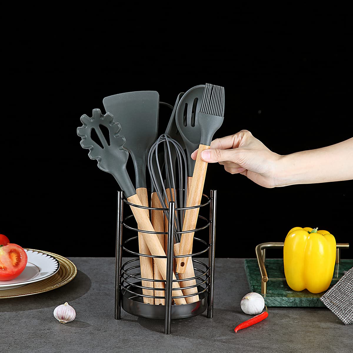 Porte-ustensiles En Acier Inoxydable Noir - Rangement Couverts Cuisine 10x15,5 Cm - Gain De Place, Design épuré