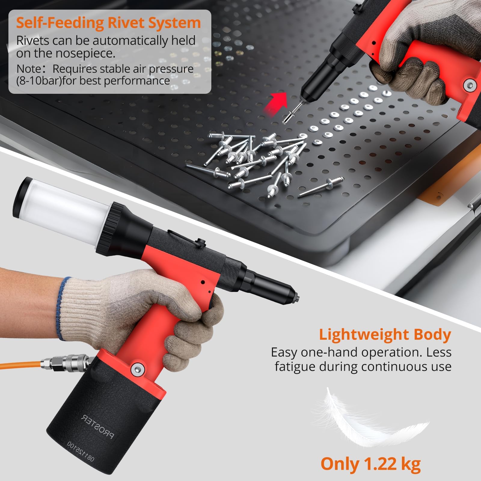 Proster Pneumatische Nietpistole Druckluft Blindnietgerät - Selbstansaugende Profi Nietpistole mit 1000KGF Zugkraft, 2.4–4.8mm Nietzange mit Auffangbehälter, 360° EU Anschluss für Werkstatt KFZ Boot