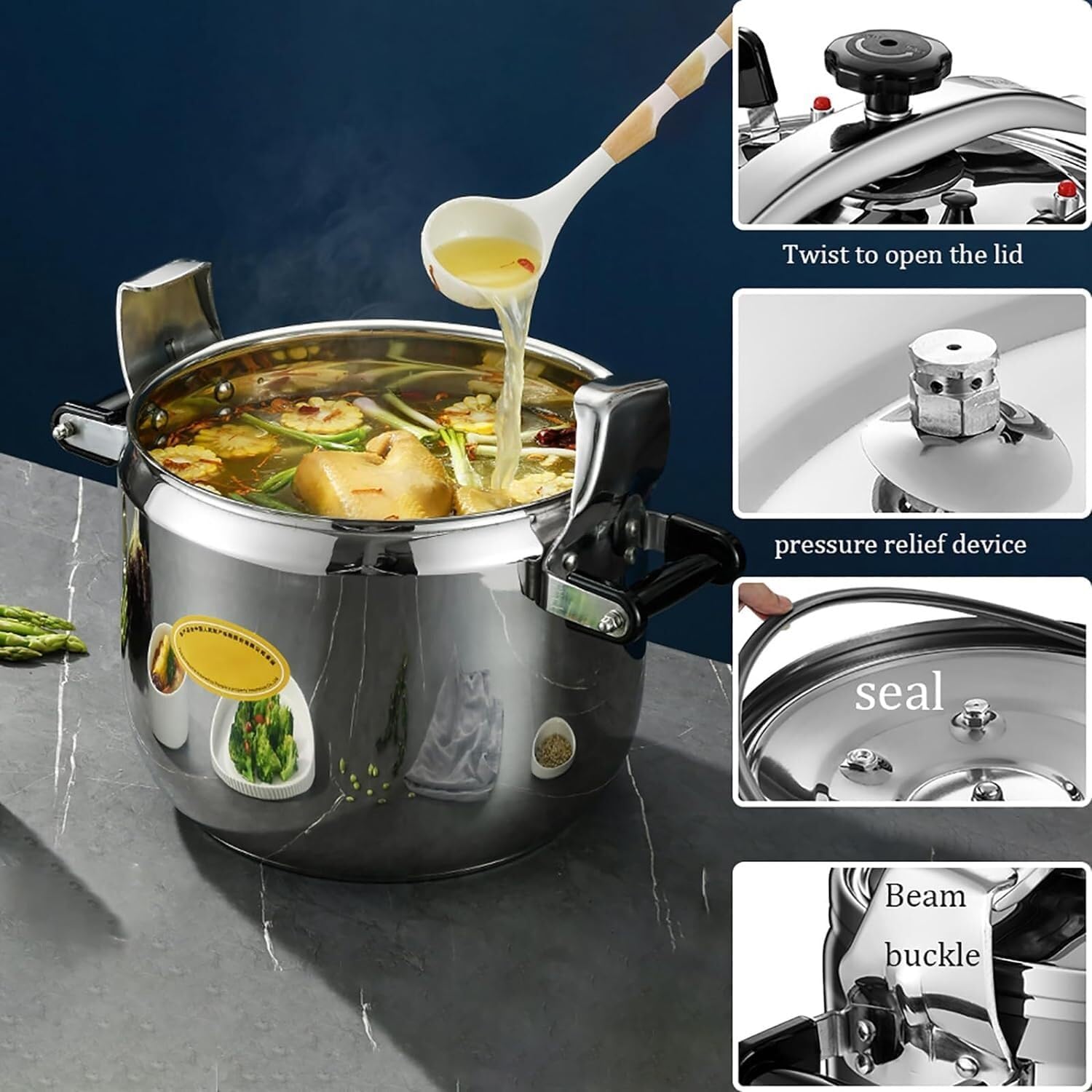 Detailed view of pressure cooker components: lid twist mechanism, pressure relief device, seal, and beam buckle