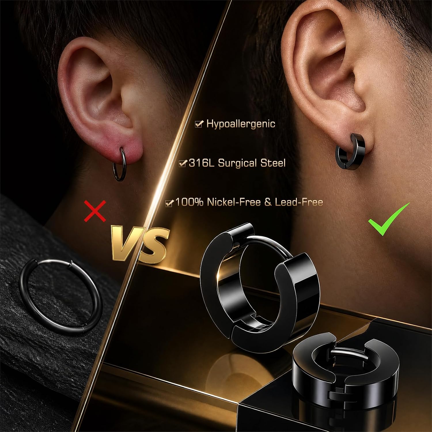 3 Pairs Stainless Steel Hoop Earrings for Men - Hypoallergenic Surgical Steel Mens Earrings Set - Small Black Silver Gold Metal Hoops