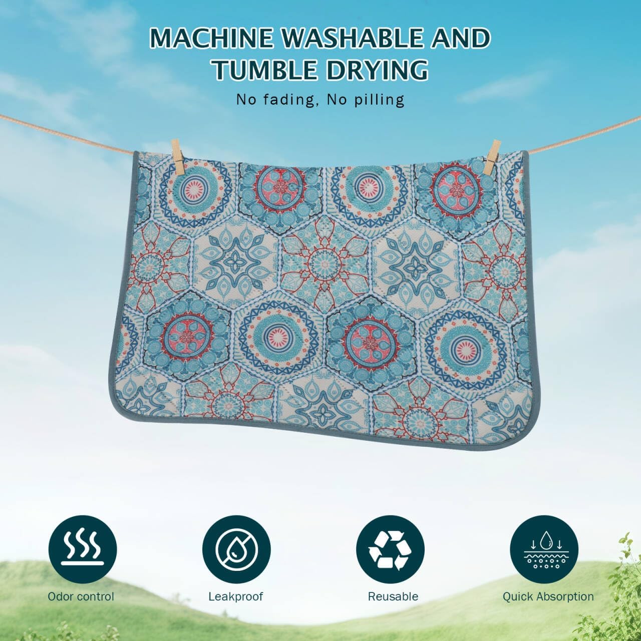 IEUUMLER Washable Pee Pads for Dogs, 2 Pack Non-Slip & Waterproof Pack Whelping Pad, Reusable Washable Puppy Potty Training Pad with Fast Absorbent for Playpen EU007 (Green Medallion, 36"X41"-2pcs)