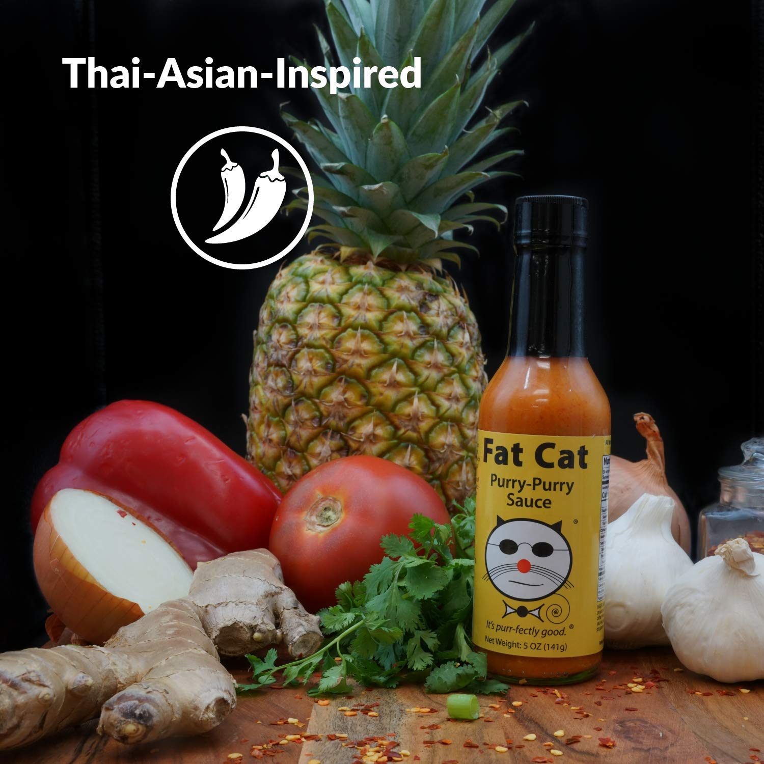Purry Purry Sauce by Fat Cat Gourmet | Peri Peri Style Natural Hot Sauce Condiment with Thai-Asian Inspired Twist | For Chicken, Beef, Pork & Veggies | Gluten Free, Vegan & Keto Friendly | Medium Heat | 6 Bottles