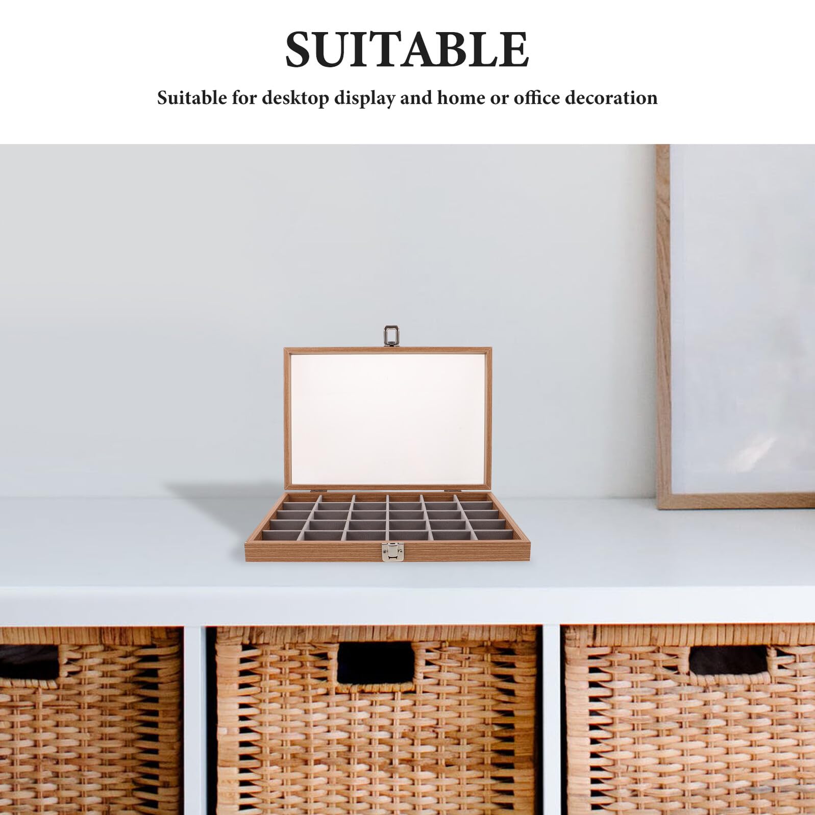 Scatola Porta Campioni Minerali a 30 Scomparti con Coperchio | Espositore in Legno Beige, Protezione Trasparente per Collezioni di Cristalli e Pietre, 35x24x5cm