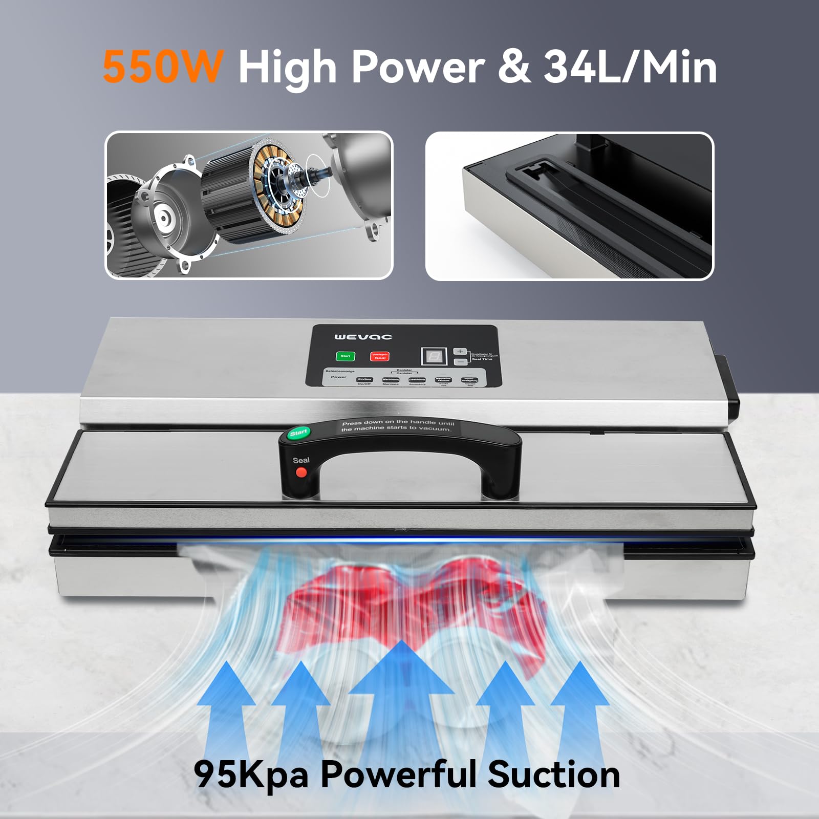 Wevac Machine à emballer sous vide alimentaire 95 kPa 550 W Puissante opération à une main Machine d'emballage sous vide 12 en 1 avec réservoir de liquide pour commerce ou ménage