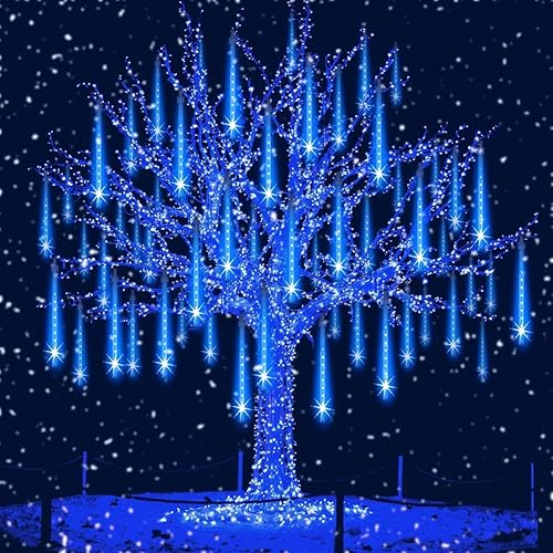 Aukora - Luces azules de Navidad para exteriores, enchufe UL, 24 tubos, 576 LED de lluvia de meteoros, tándem de témpanos, nieve, decoración de
