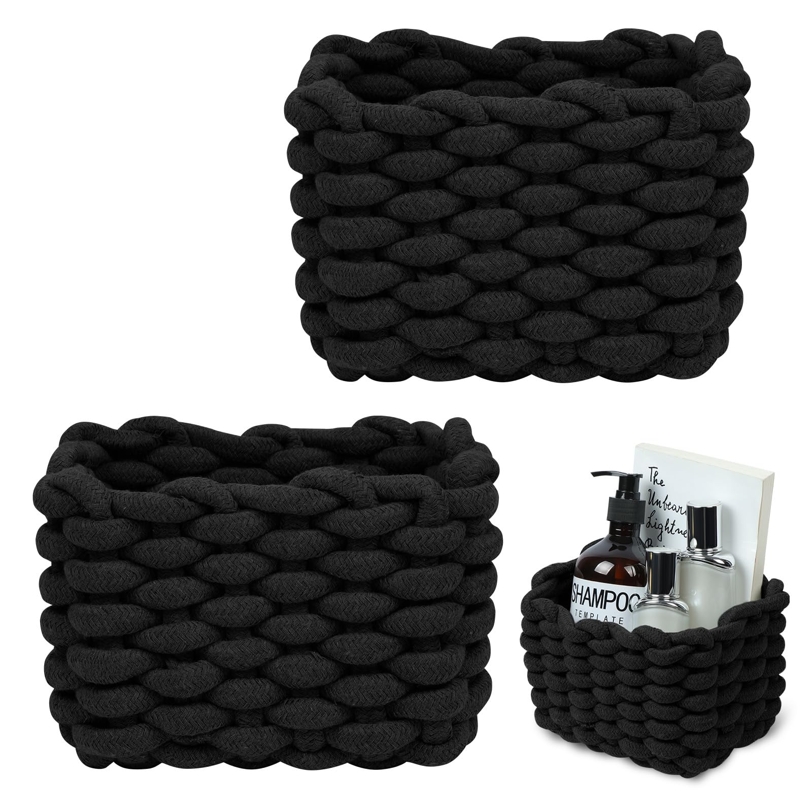 Aolso Cesto Portaoggetti in Corda di Cotone Intrecciato, 2pcs Contenitore Bagno Portaoggettii, Cestino Cameretta,Cestini Decorativi Quadrati per Portaoggetti per Trucchi,Giocattoli, Calzini, Nero