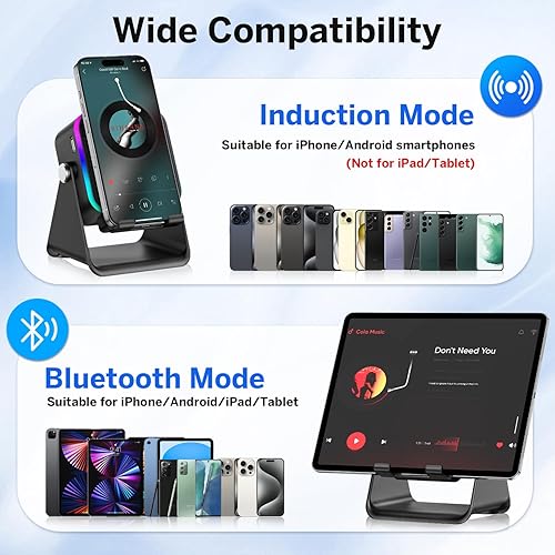 Miniatura 7 de Altavoz de inducción inalámbrico 5 en 1 Bluetooth con soporte para teléfono, sonido estéreo, recargable de 3500 mAh, luz ambiental 8 RGB, soporte